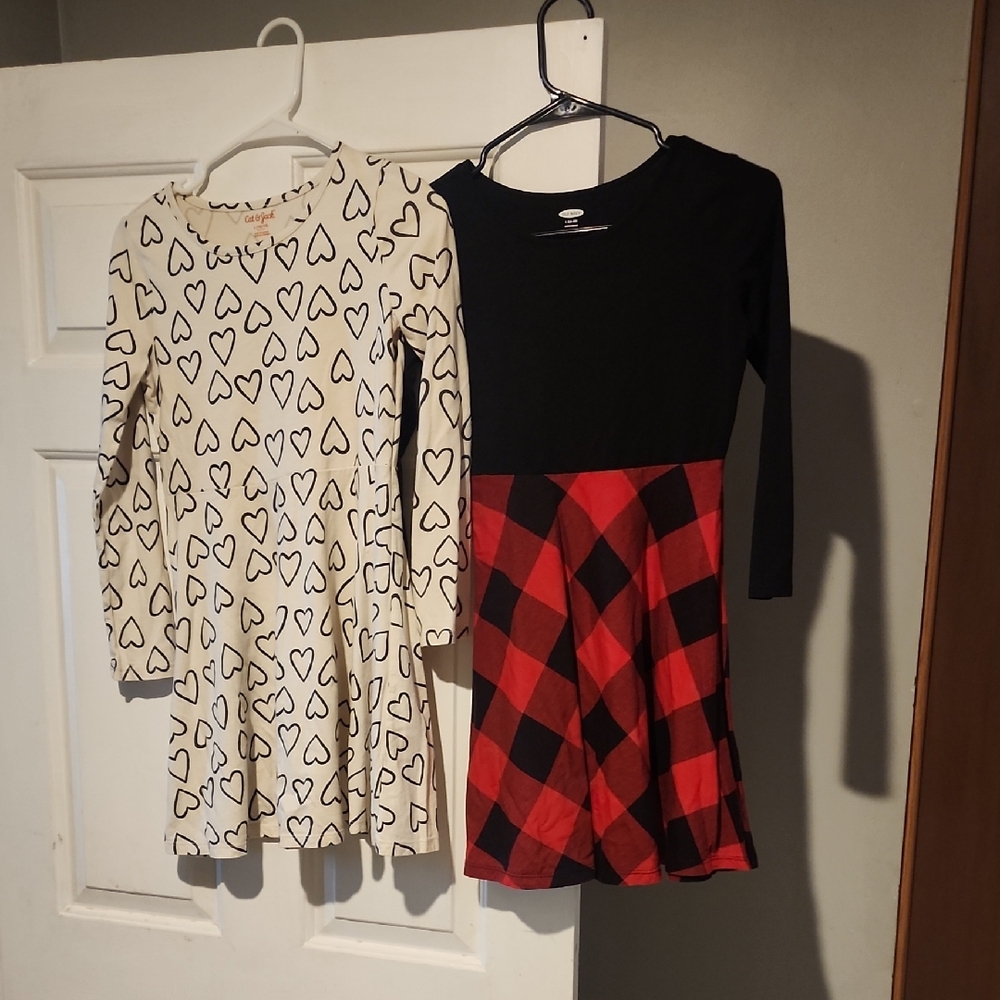 Heart Patterned Cream Dress and Red Plaid Dress Set